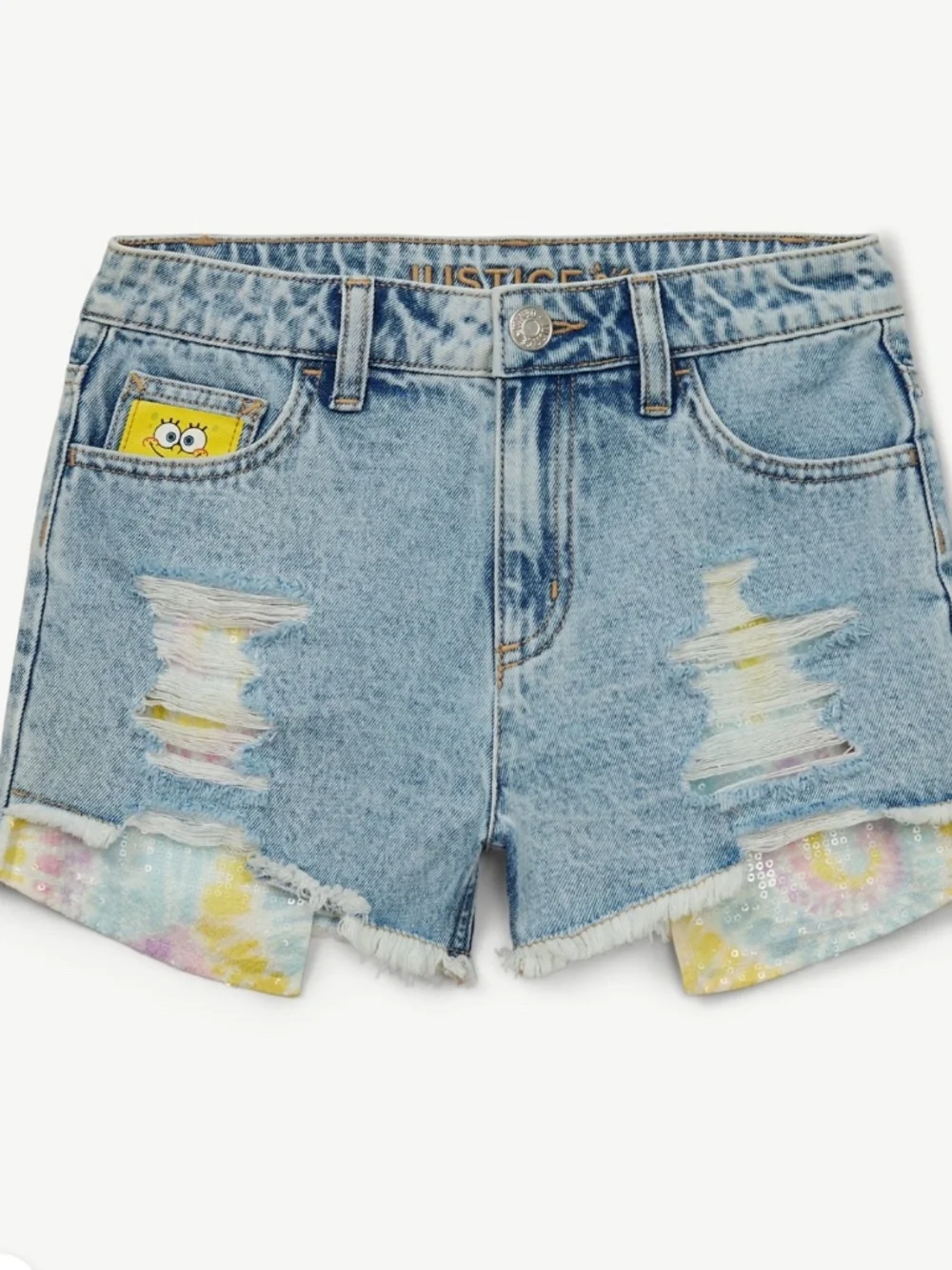 SpongeBob Girls Justice Light Wash Blue Denim Sequin Shorts Size10 NWT